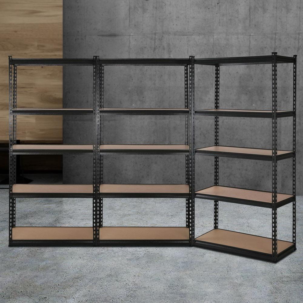 3x1.5M Warehouse Shelving Racking with five tiers, made of industrial strength steel, showcasing a matte black finish.