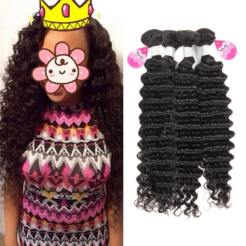 4 Bundles of Brazilian Virgin Hair Deep Wave Extensions showcasing rich texture and natural waves.