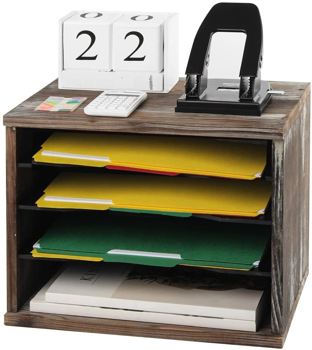 4 Compartment Rustic Wood Desk Organizer showcasing its stylish design and functional compartments for organizing papers and stationery.