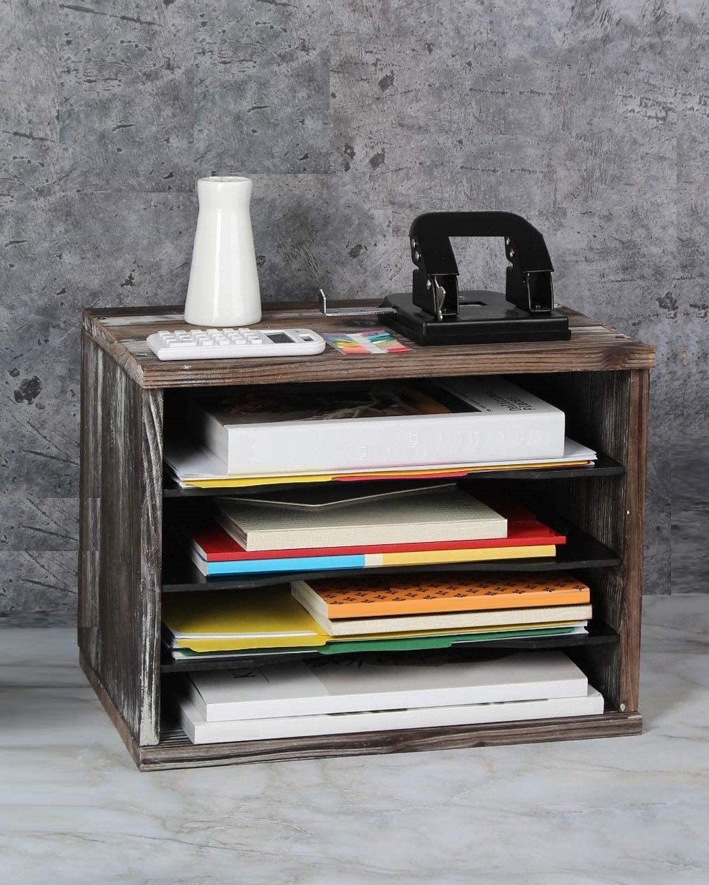 4 Compartment Rustic Wood Desk Organizer showcasing its stylish design and functional compartments for organizing papers and stationery.