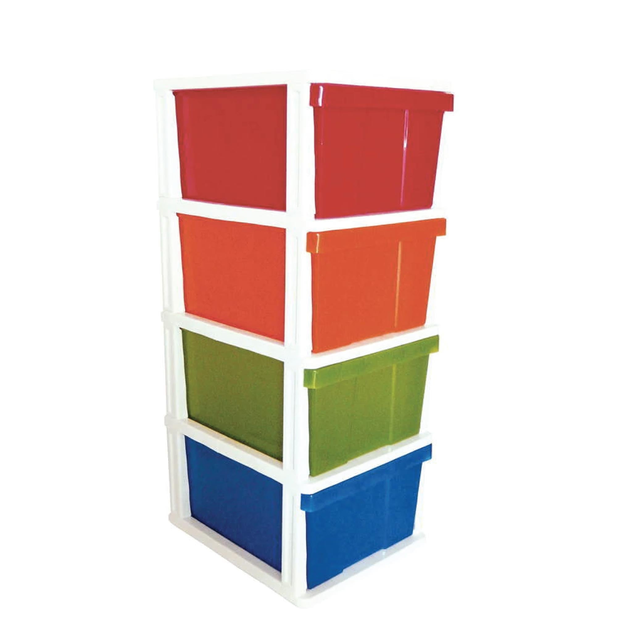 4 Drawer Multicolour Plastic Storage Unit with vibrant drawers, perfect for organizing home or office spaces.