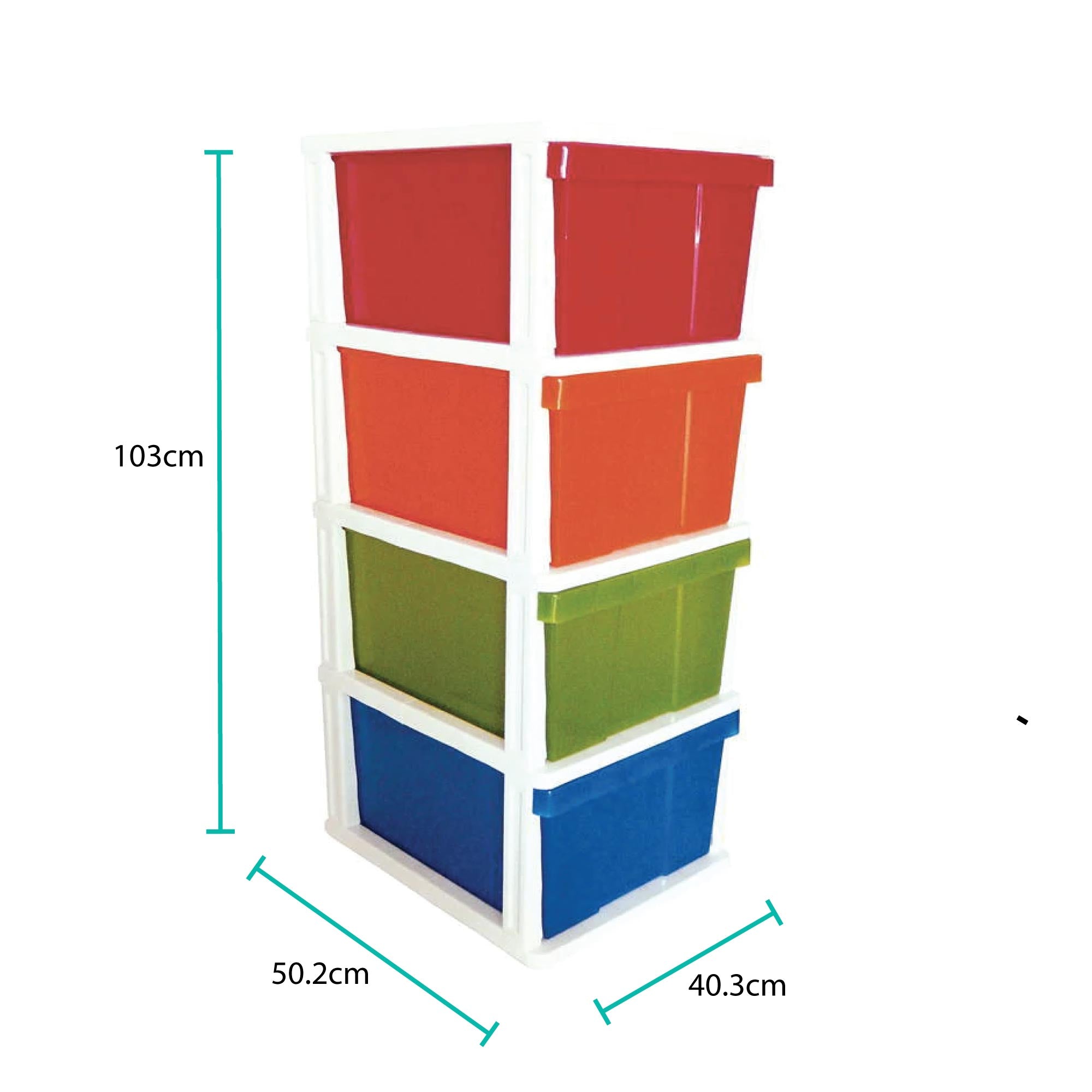 4 Drawer Multicolour Plastic Storage Unit with vibrant drawers, perfect for organizing home or office spaces.