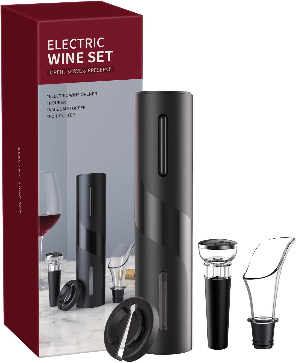 4 in 1 Electric wine opener set with USB charging, including corkscrew, foil cutter, pourer, and vacuum stopper.