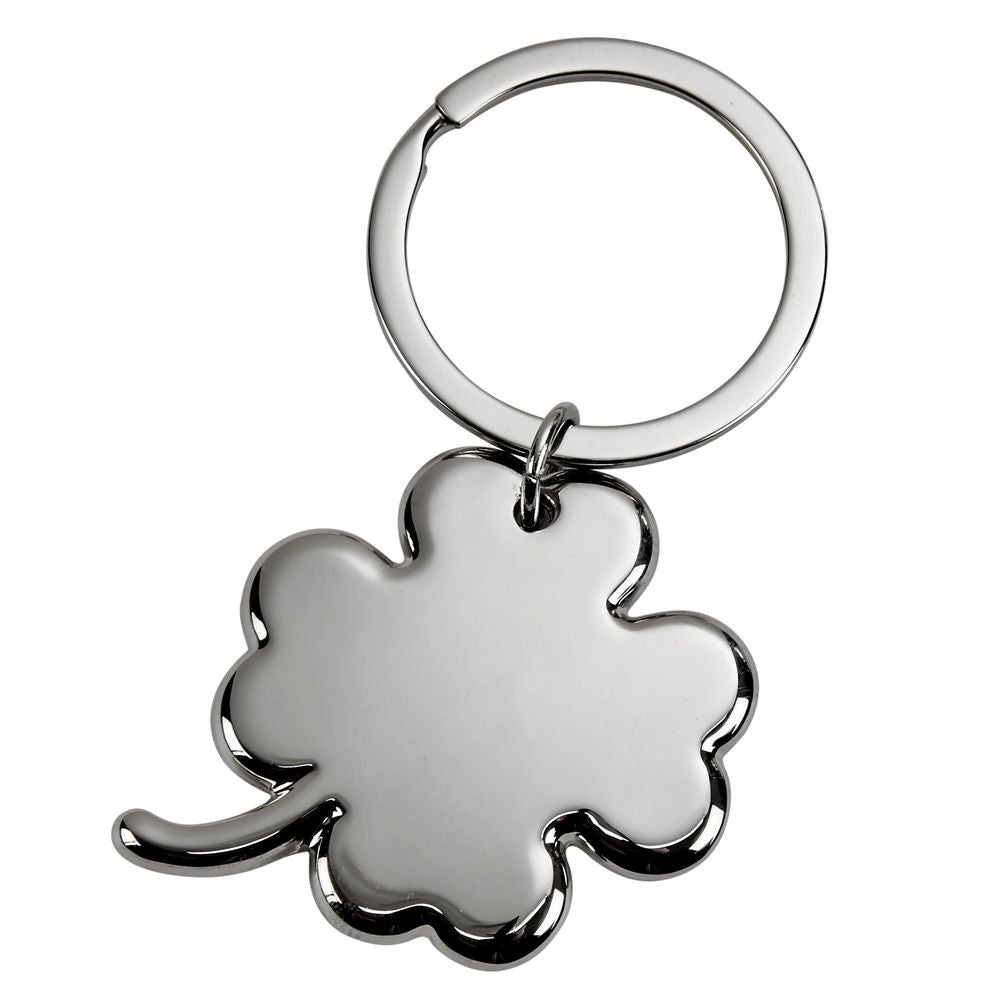 A nickelplated 4-leaf clover keychain, 3 inches long, featuring a polished clover charm and a sturdy keyring, presented in a black gift box.