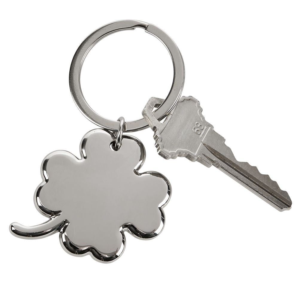 A nickelplated 4-leaf clover keychain, 3 inches long, featuring a polished clover charm and a sturdy keyring, presented in a black gift box.