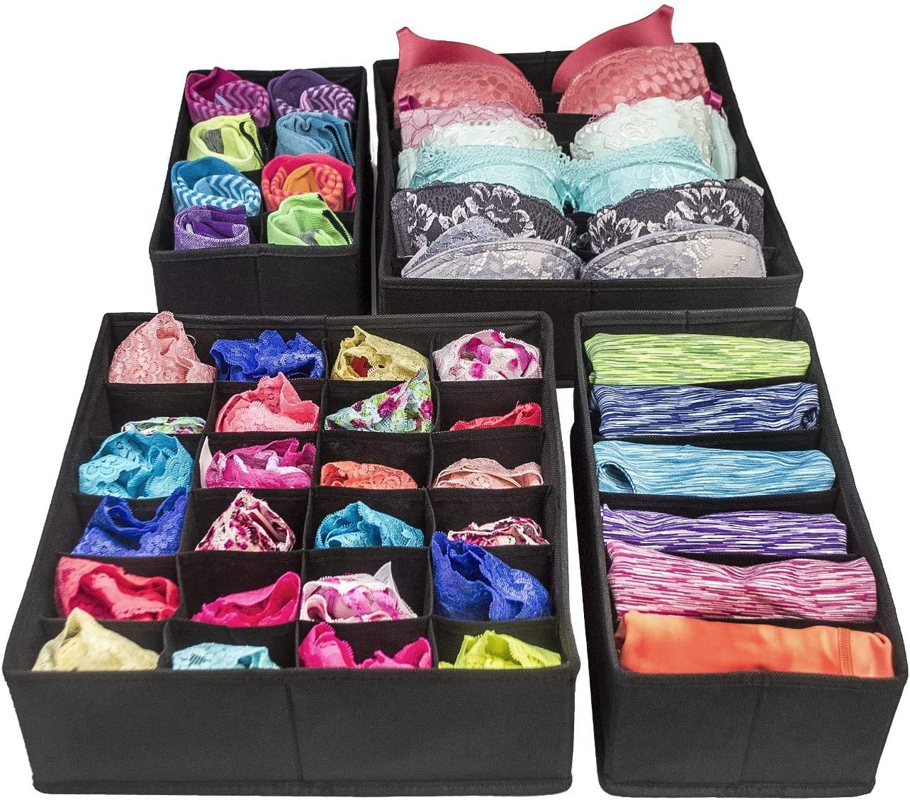 Four black foldable drawer dividers storage boxes arranged neatly, showcasing their multi-sectional design for organizing clothing and personal items.