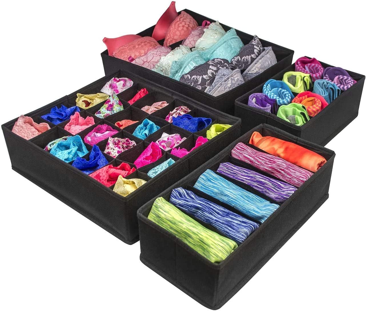 Four black foldable drawer dividers storage boxes arranged neatly, showcasing their multi-sectional design for organizing clothing and personal items.