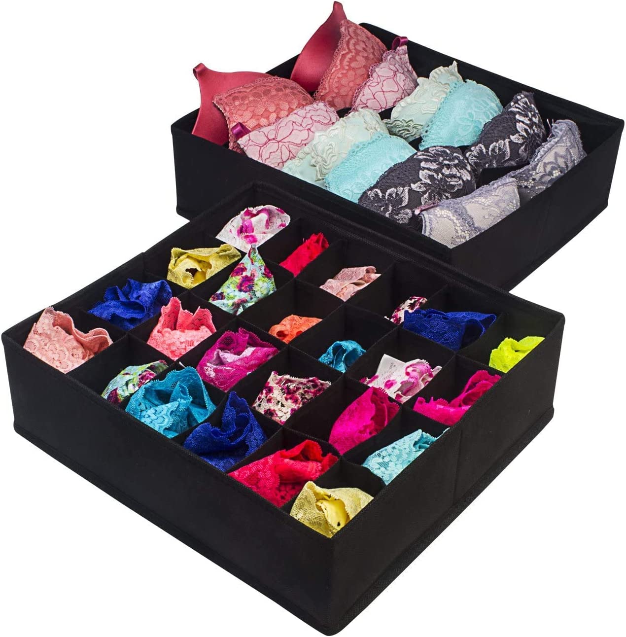 Four black foldable drawer dividers storage boxes arranged neatly, showcasing their multi-sectional design for organizing clothing and personal items.