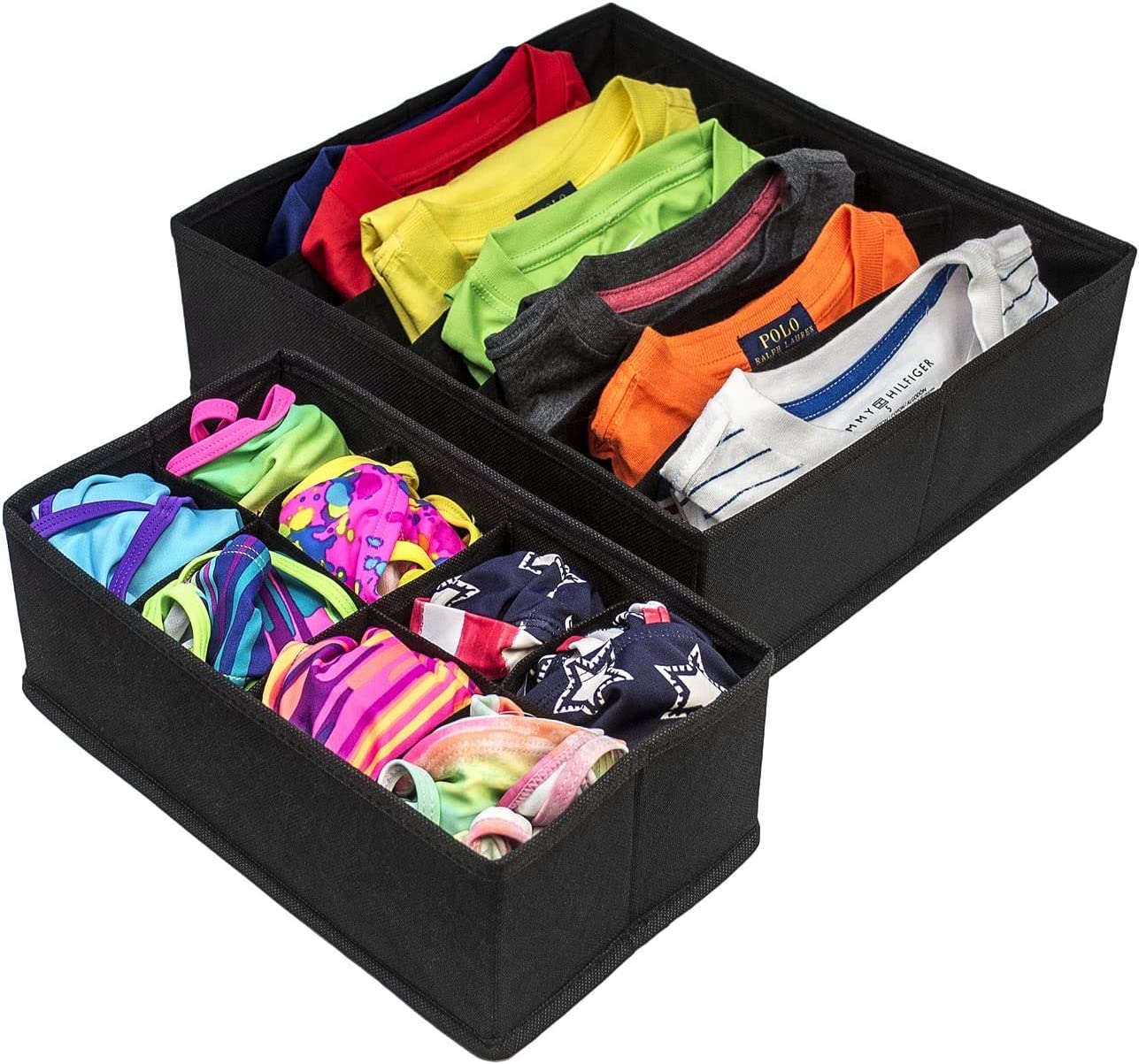 Four black foldable drawer dividers storage boxes arranged neatly, showcasing their multi-sectional design for organizing clothing and personal items.