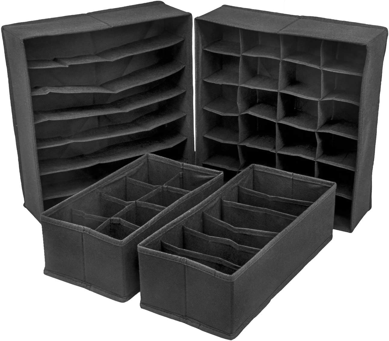 Four black foldable drawer dividers storage boxes arranged neatly, showcasing their multi-sectional design for organizing clothing and personal items.