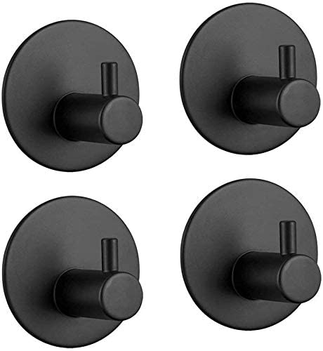 A set of four stainless steel self-adhesive wall hooks designed for bathroom and kitchen use, showcasing their sleek and modern design.