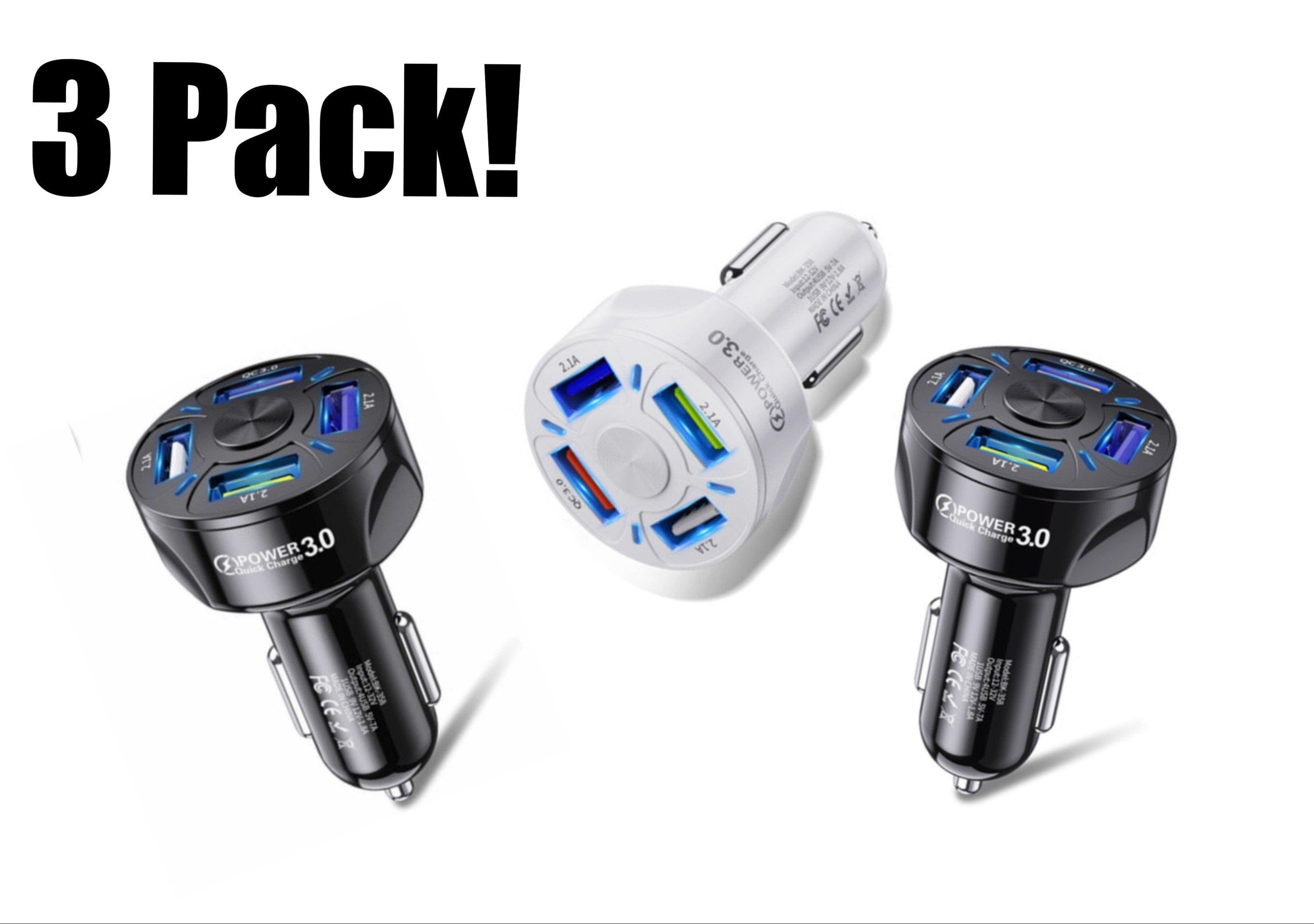 4 Port LED Car Charger 3-Pack with USB ports and blue indicator light, designed for fast charging in vehicles.