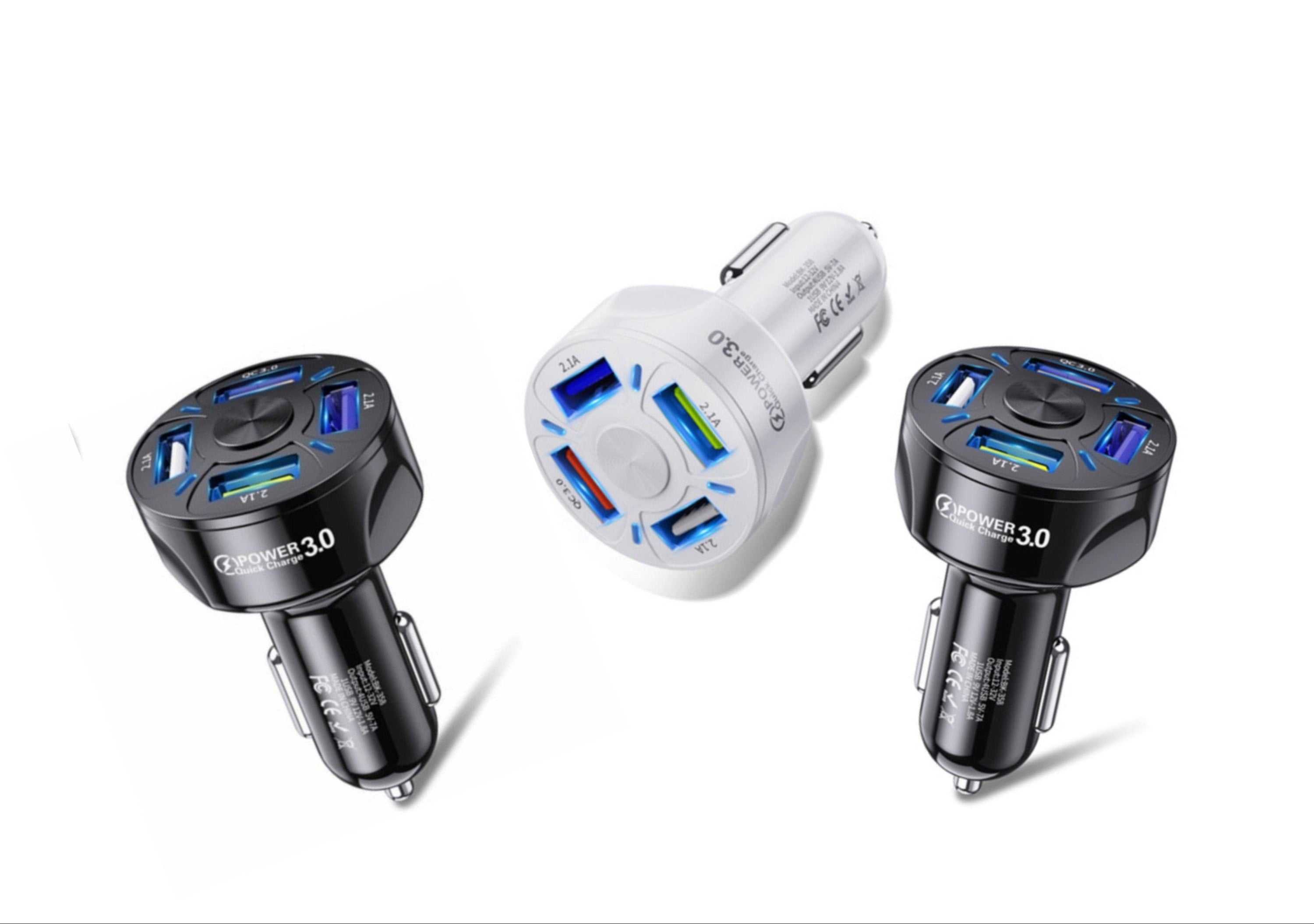 4 Port LED Car Charger 3-Pack with USB ports and blue indicator light, designed for fast charging in vehicles.