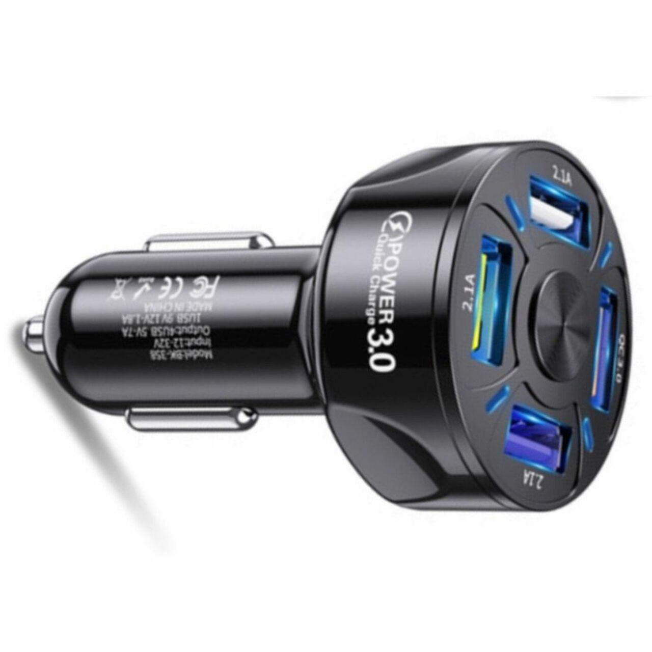 4 Port LED Car Charger 3-Pack with USB ports and blue indicator light, designed for fast charging in vehicles.