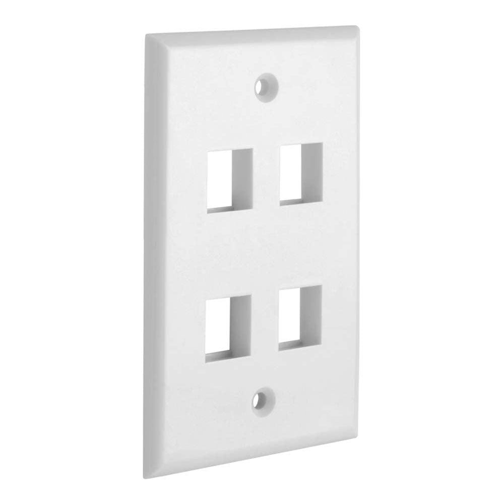 4 Port QuickPort outlet wall plate in white, featuring four keystone jack slots and mounting screws.