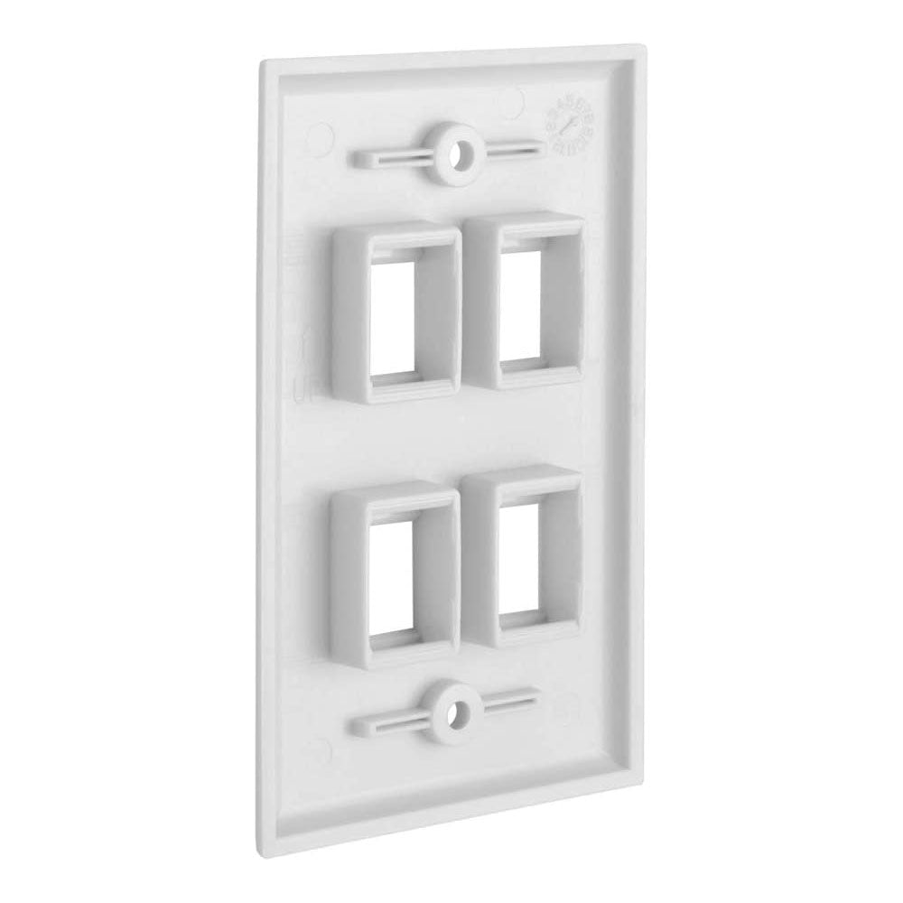 4 Port QuickPort outlet wall plate in white, featuring four keystone jack slots and mounting screws.