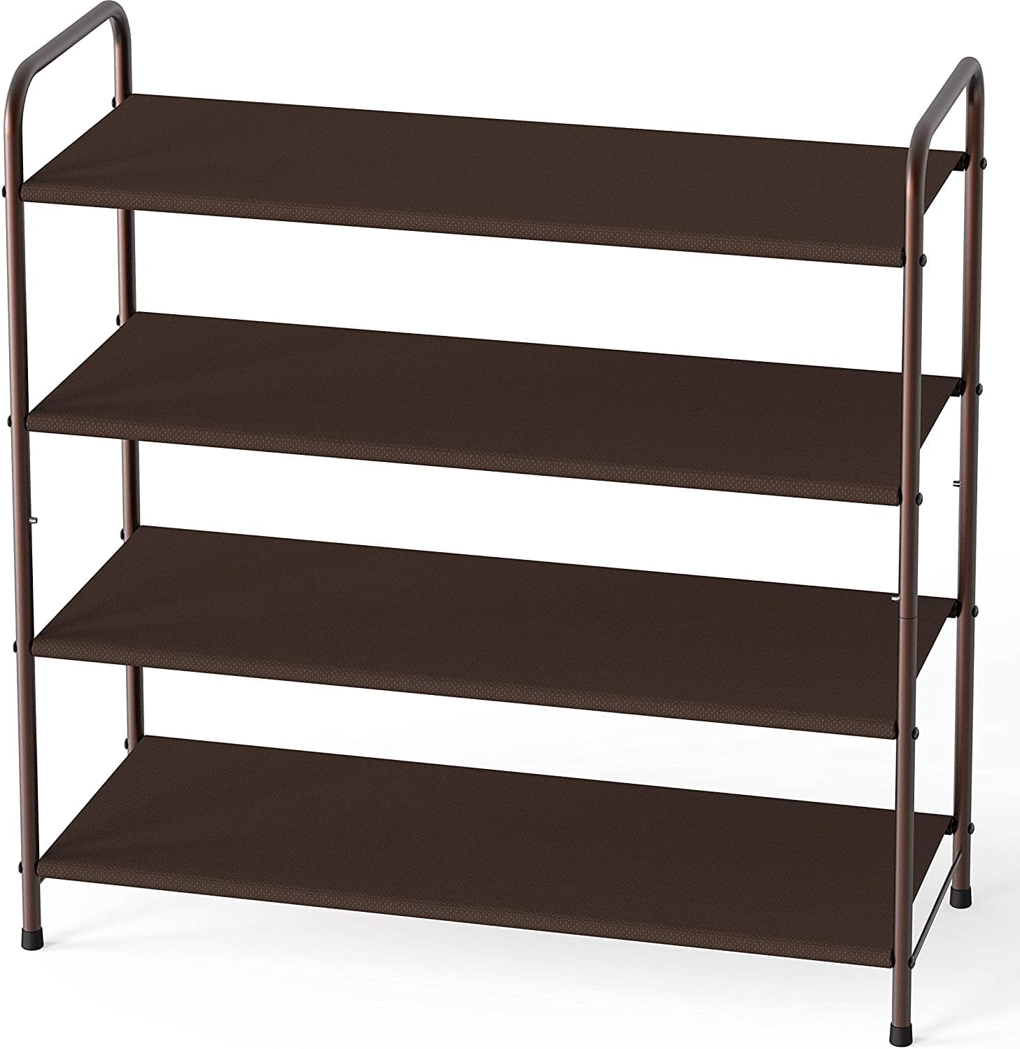 4 Tier Metal Shoe Rack with 4 fabric shelves and 6 side bags, perfect for organizing shoes in entryway or bedroom.