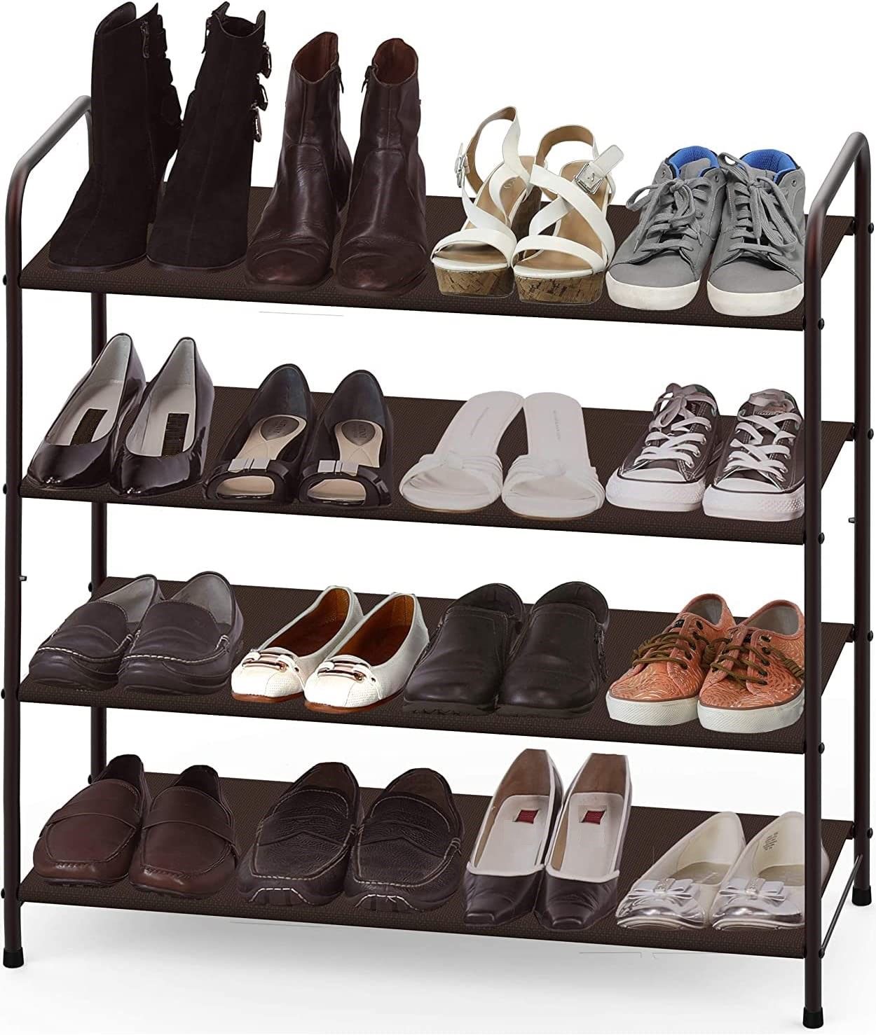 4 Tier Metal Shoe Rack with 4 fabric shelves and 6 side bags, perfect for organizing shoes in entryway or bedroom.