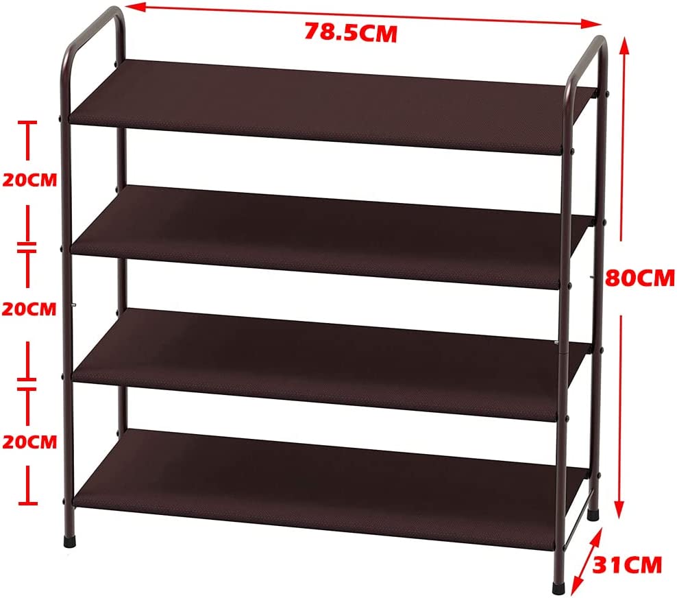 4 Tier Metal Shoe Rack with 4 fabric shelves and 6 side bags, perfect for organizing shoes in entryway or bedroom.