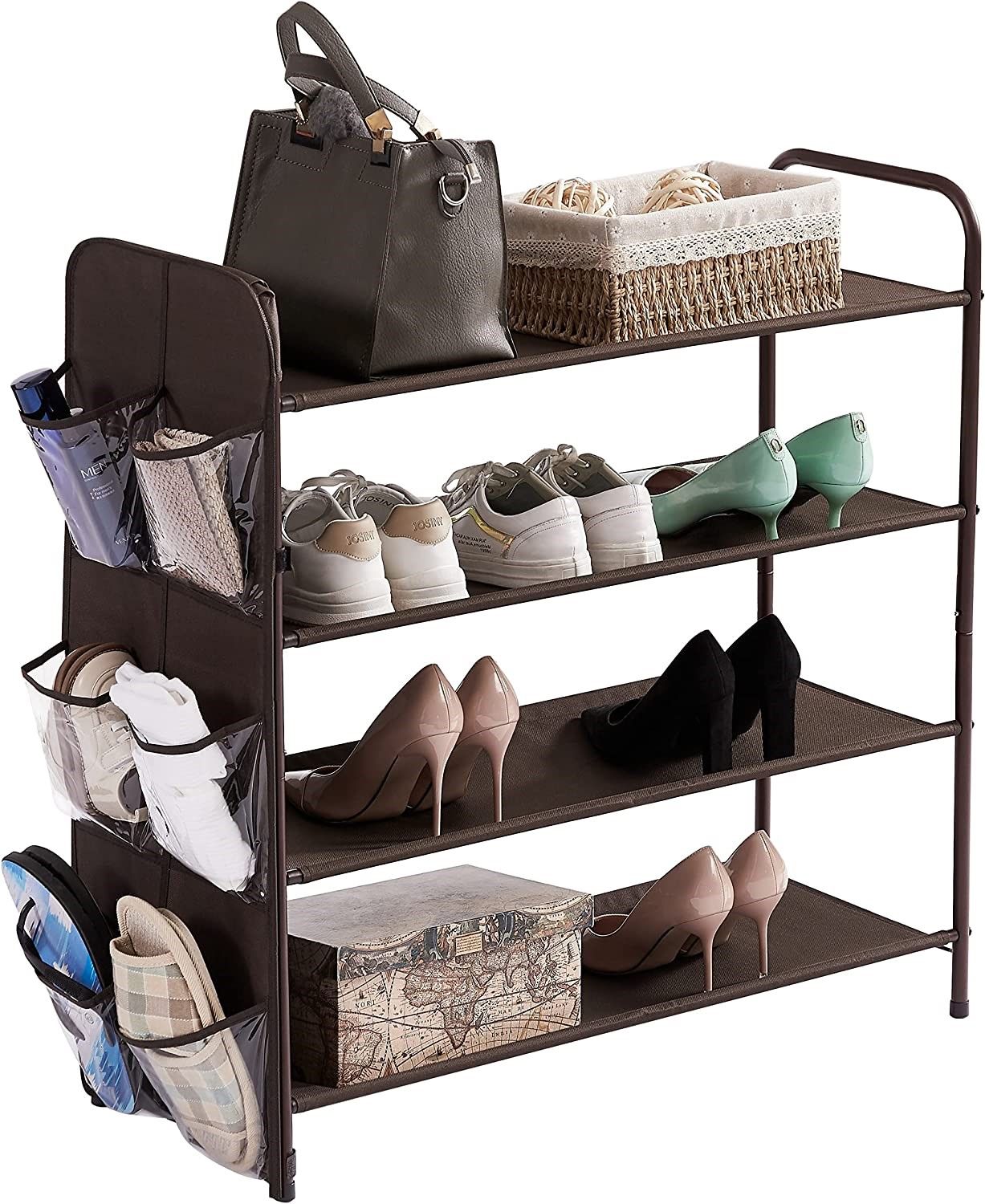 4 Tier Metal Shoe Rack with 4 fabric shelves and 6 side bags, perfect for organizing shoes in entryway or bedroom.