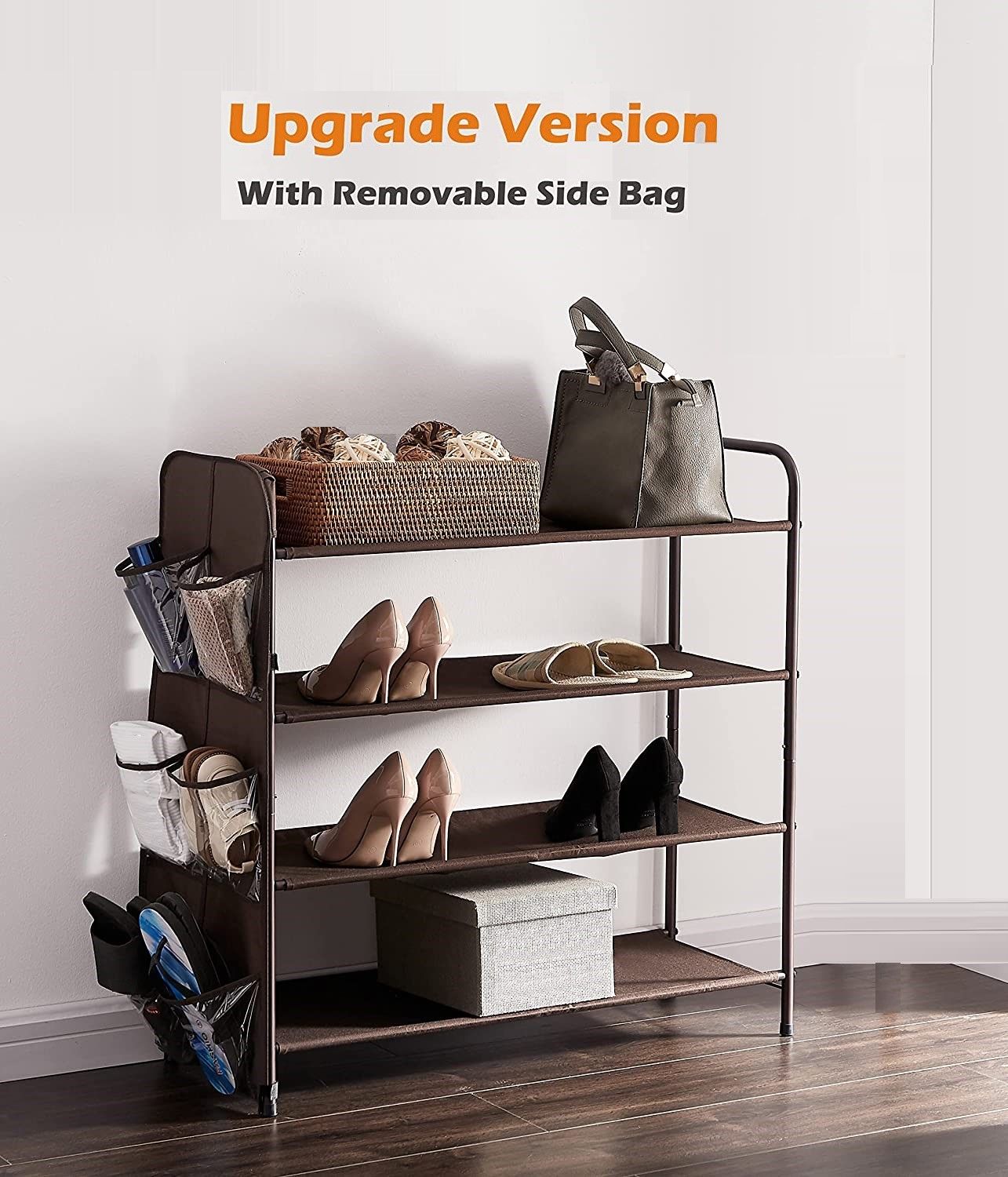 4 Tier Metal Shoe Rack with 4 fabric shelves and 6 side bags, perfect for organizing shoes in entryway or bedroom.