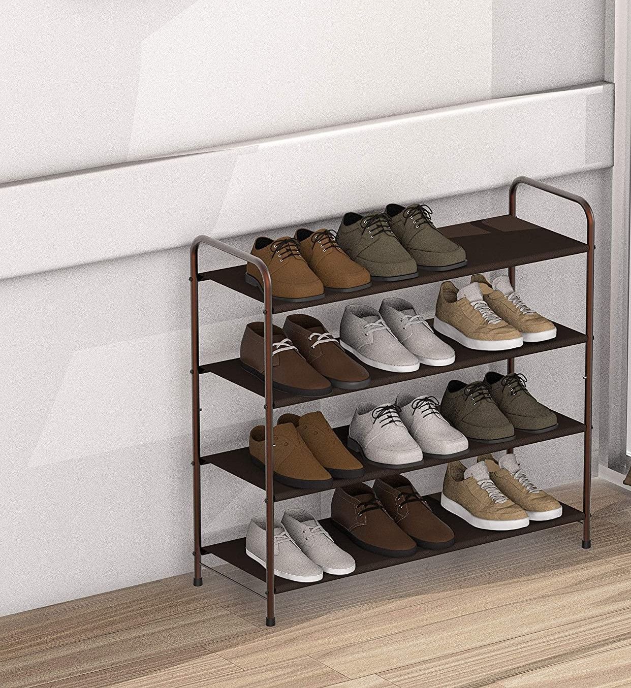 4 Tier Metal Shoe Rack with 4 fabric shelves and 6 side bags, perfect for organizing shoes in entryway or bedroom.