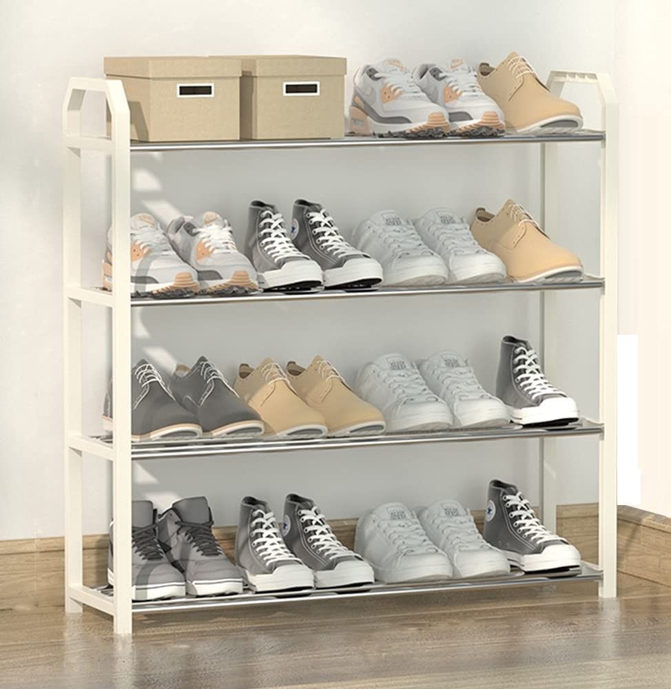 4 tier white shoe rack storage organiser with shoes neatly arranged on each tier, showcasing its spacious design and sturdy construction.