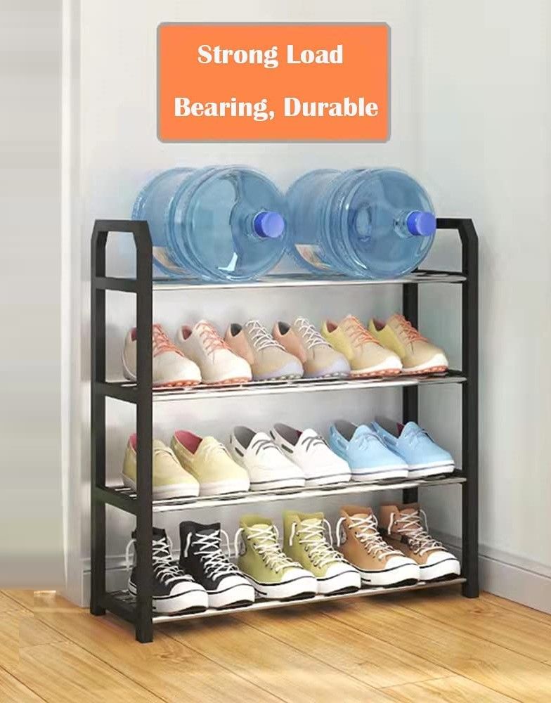 4 tier white shoe rack storage organiser with shoes neatly arranged on each tier, showcasing its spacious design and sturdy construction.