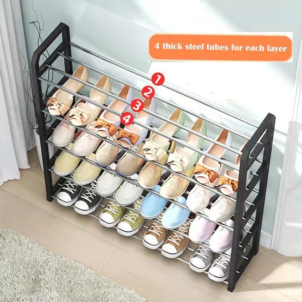 4 tier white shoe rack storage organiser with shoes neatly arranged on each tier, showcasing its spacious design and sturdy construction.