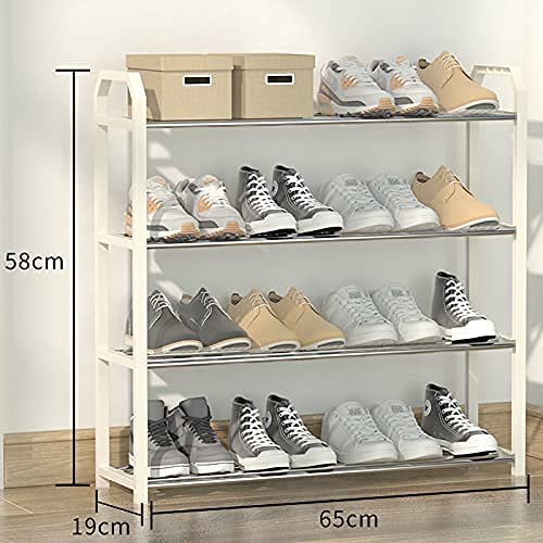 4 tier white shoe rack storage organiser with shoes neatly arranged on each tier, showcasing its spacious design and sturdy construction.