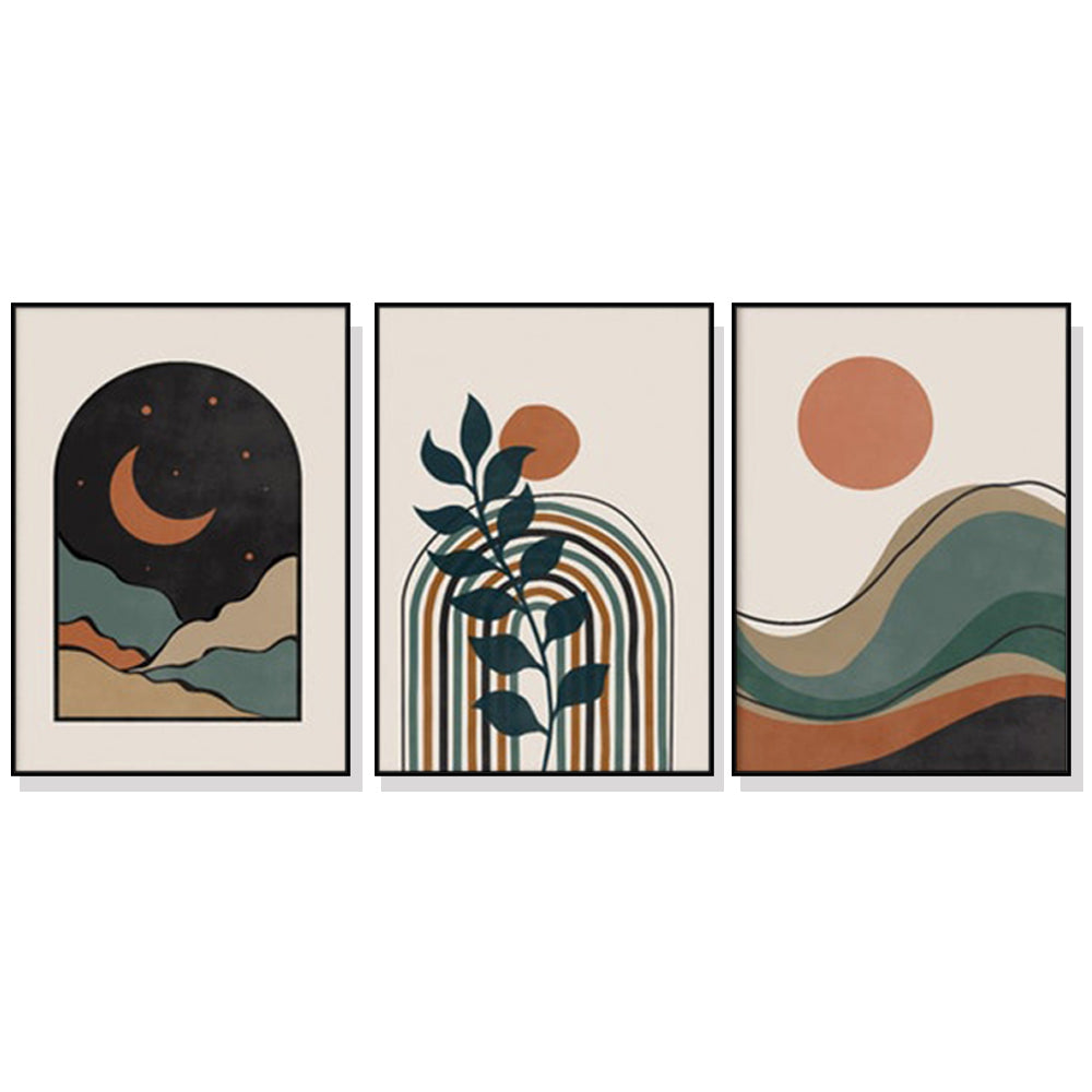 Three pieces of abstract dark green canvas wall art framed in black, showcasing a modern design suitable for home decor.