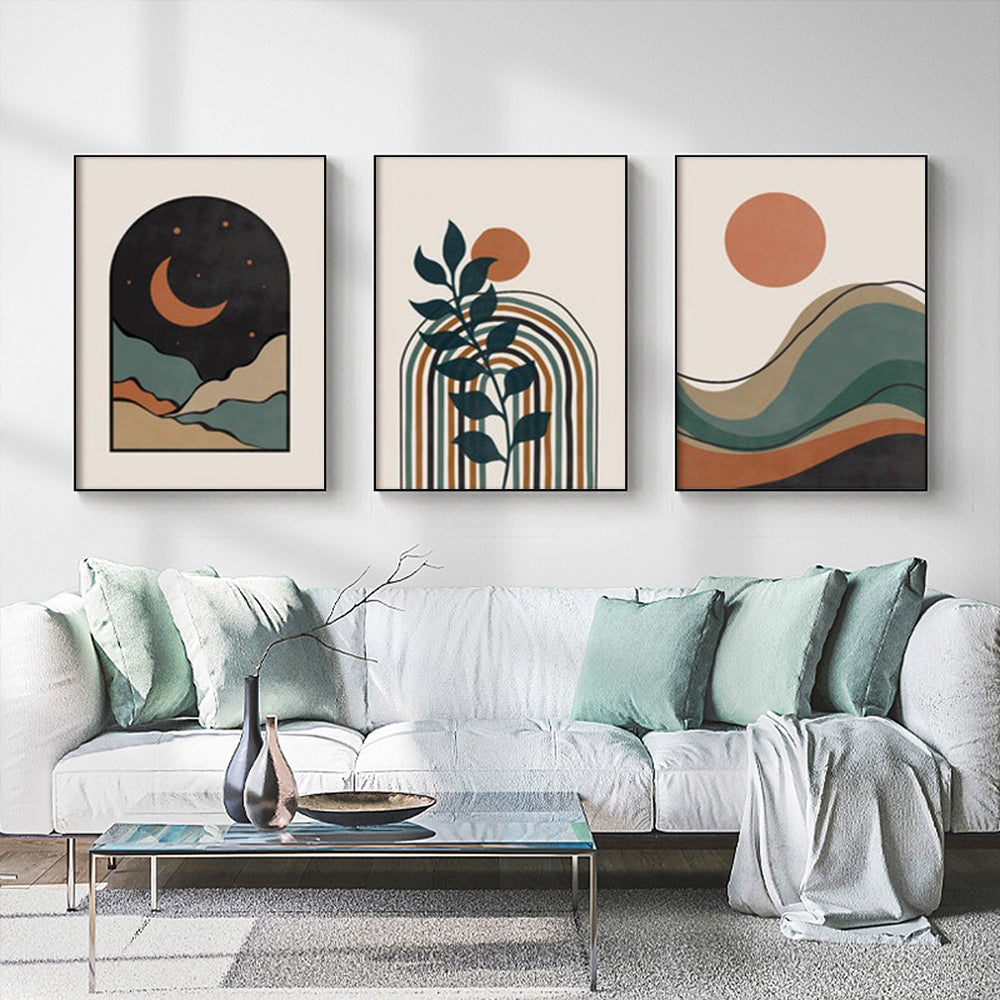 Three pieces of abstract dark green canvas wall art framed in black, showcasing a modern design suitable for home decor.