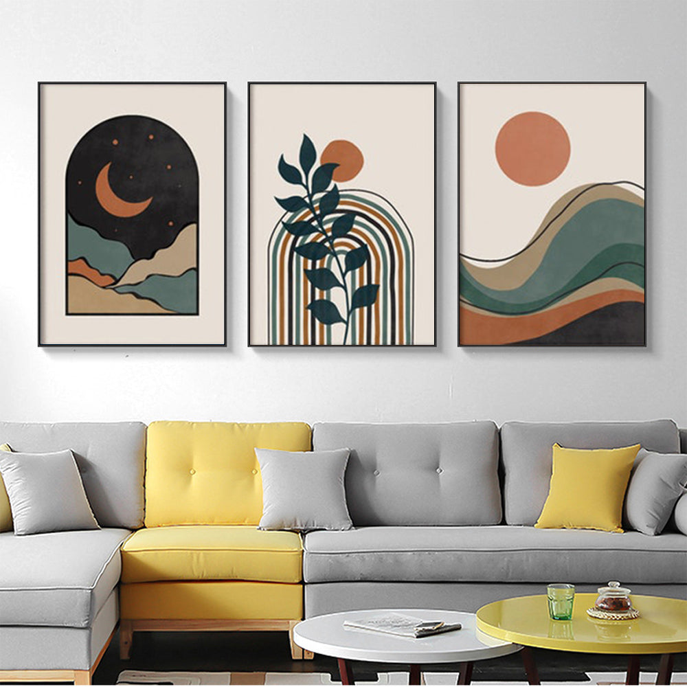 Three pieces of abstract dark green canvas wall art framed in black, showcasing a modern design suitable for home decor.