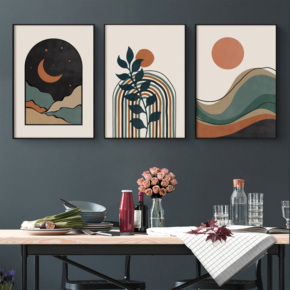 Three pieces of abstract dark green canvas wall art framed in black, showcasing a modern design suitable for home decor.