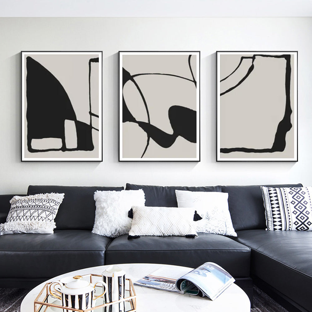 Three sets of 40cmx60cm black beige canvas wall art framed in black, showcasing modern design and premium quality.