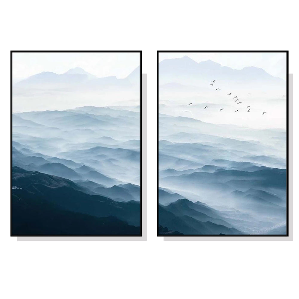 40cmx60cm Blue Mountains canvas wall art in a black frame, showcasing vibrant colors and a floating effect.