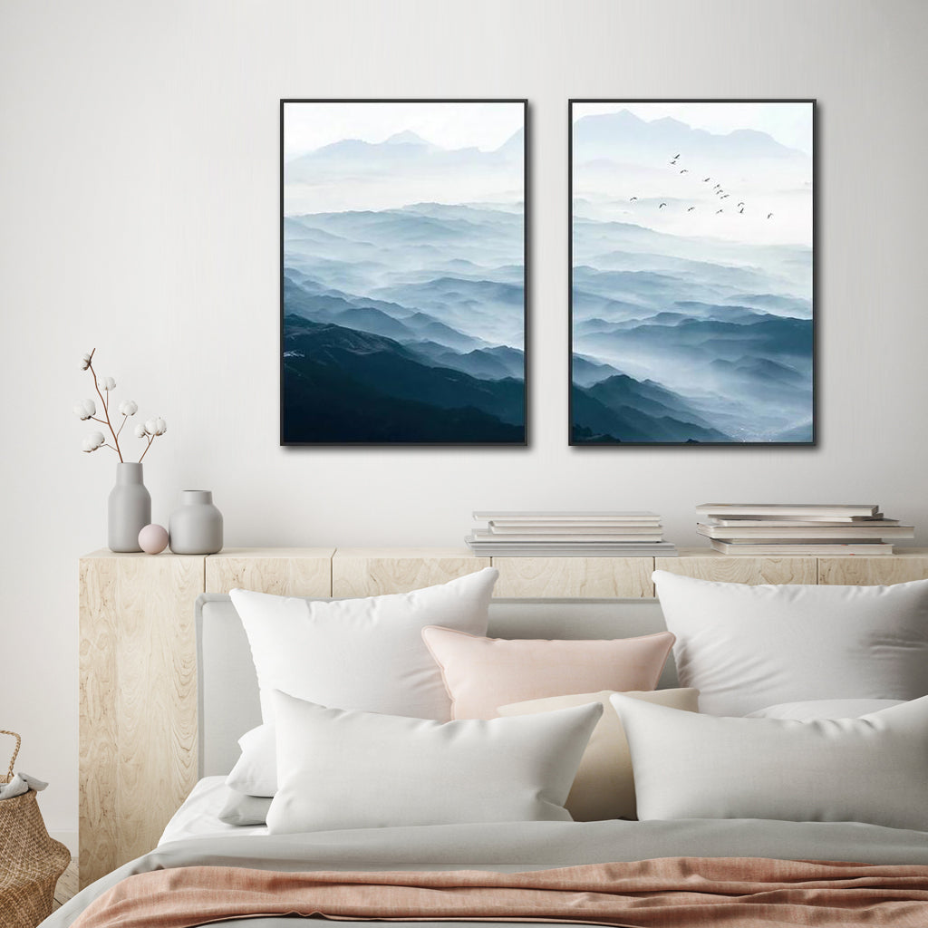 40cmx60cm Blue Mountains canvas wall art in a black frame, showcasing vibrant colors and a floating effect.