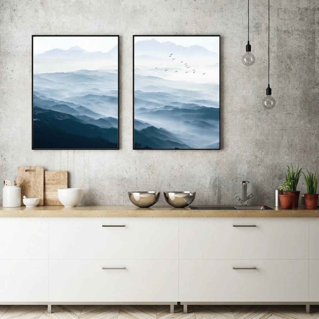 40cmx60cm Blue Mountains canvas wall art in a black frame, showcasing vibrant colors and a floating effect.