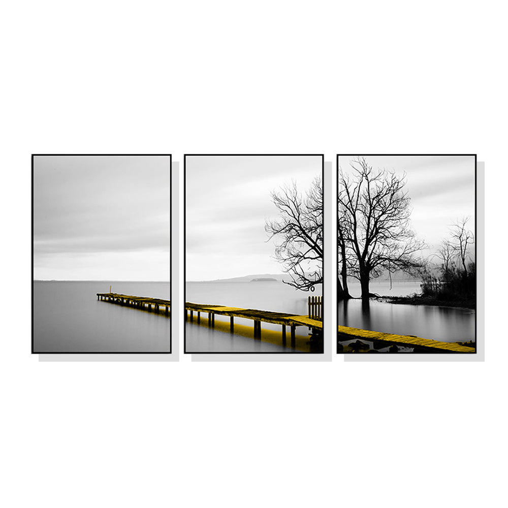 40cmx60cm canvas wall art featuring a calm lake, bridge, and trees, framed in black for a modern touch.