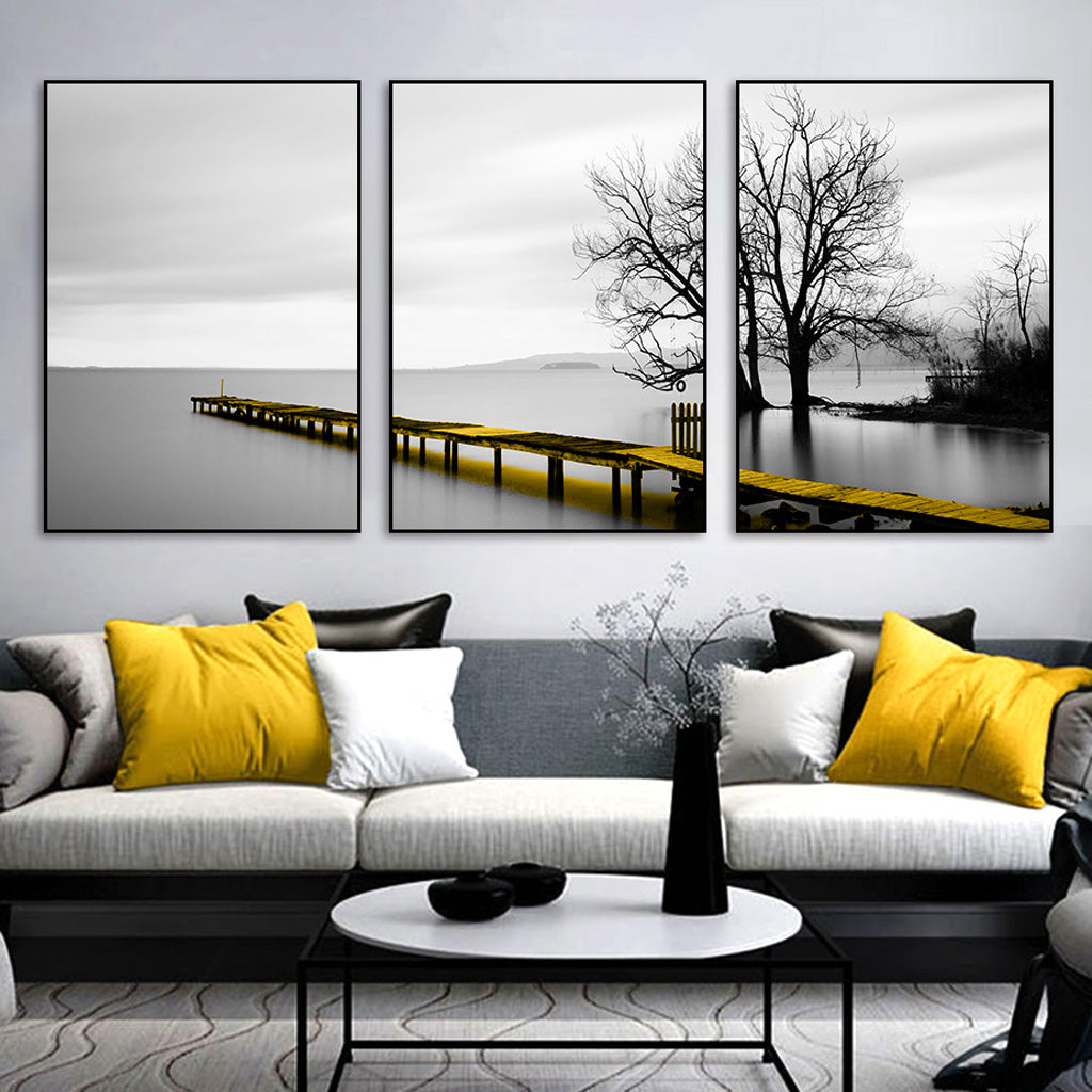 40cmx60cm canvas wall art featuring a calm lake, bridge, and trees, framed in black for a modern touch.