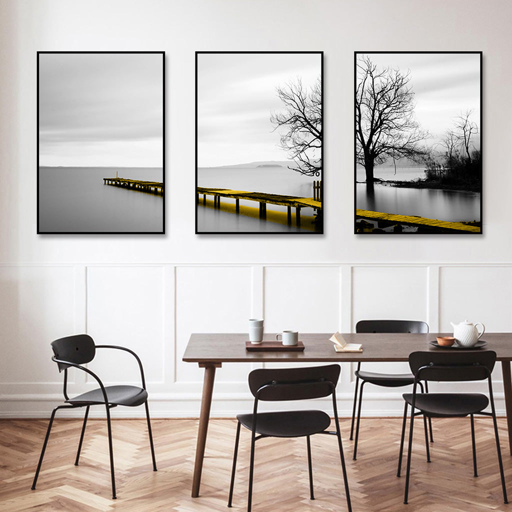 40cmx60cm canvas wall art featuring a calm lake, bridge, and trees, framed in black for a modern touch.