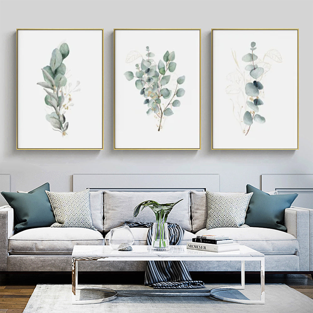 40cmx60cm Eucalyptus Plant Canvas Wall Art in a gold frame, showcasing a beautiful eucalyptus design, perfect for home decor.