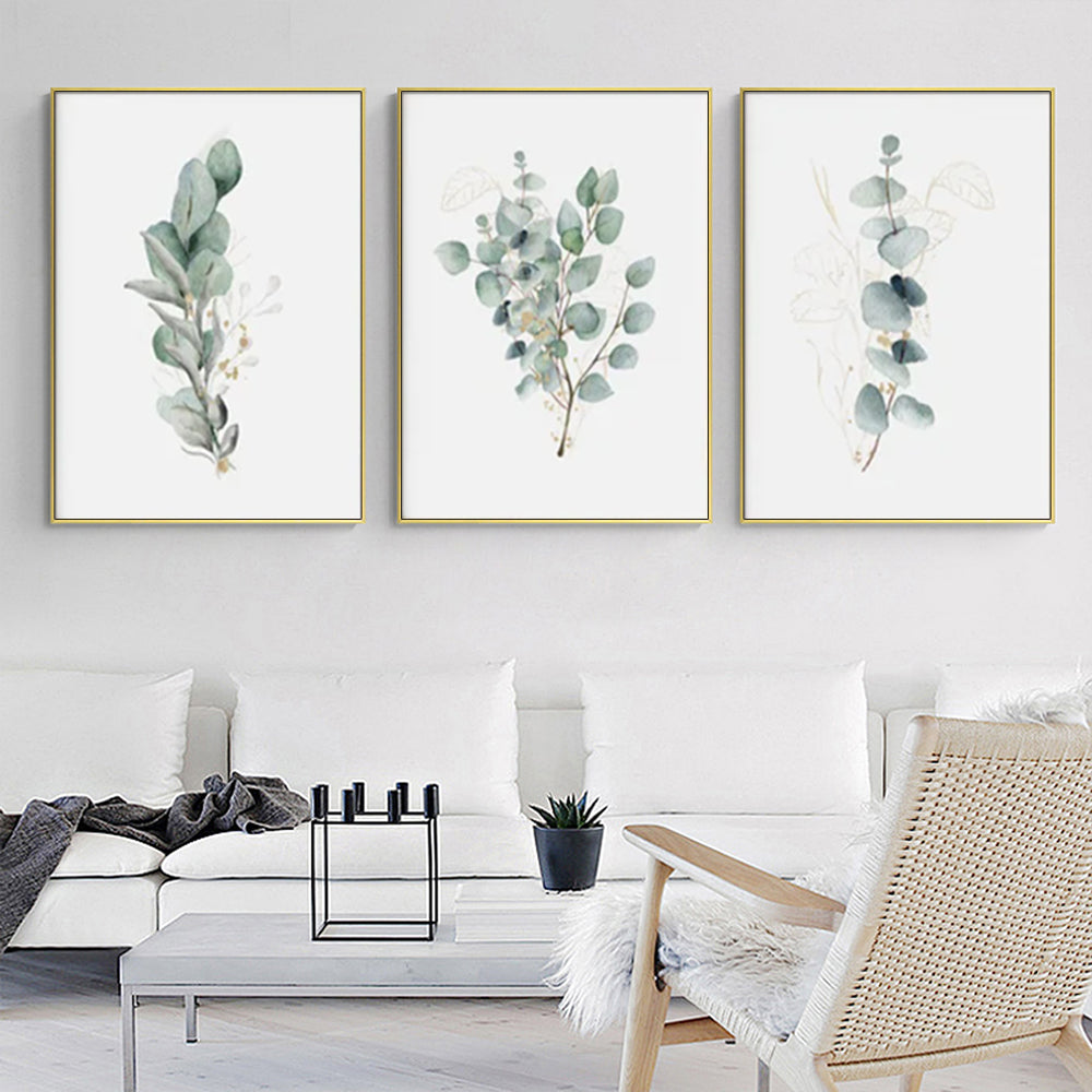 40cmx60cm Eucalyptus Plant Canvas Wall Art in a gold frame, showcasing a beautiful eucalyptus design, perfect for home decor.