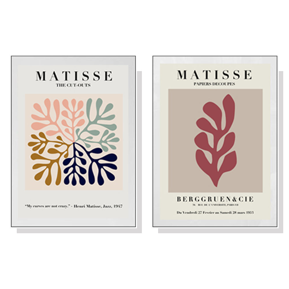 Two sets of 40cmx60cm Matisse canvas wall art in white frames, showcasing vibrant colors and a modern design.