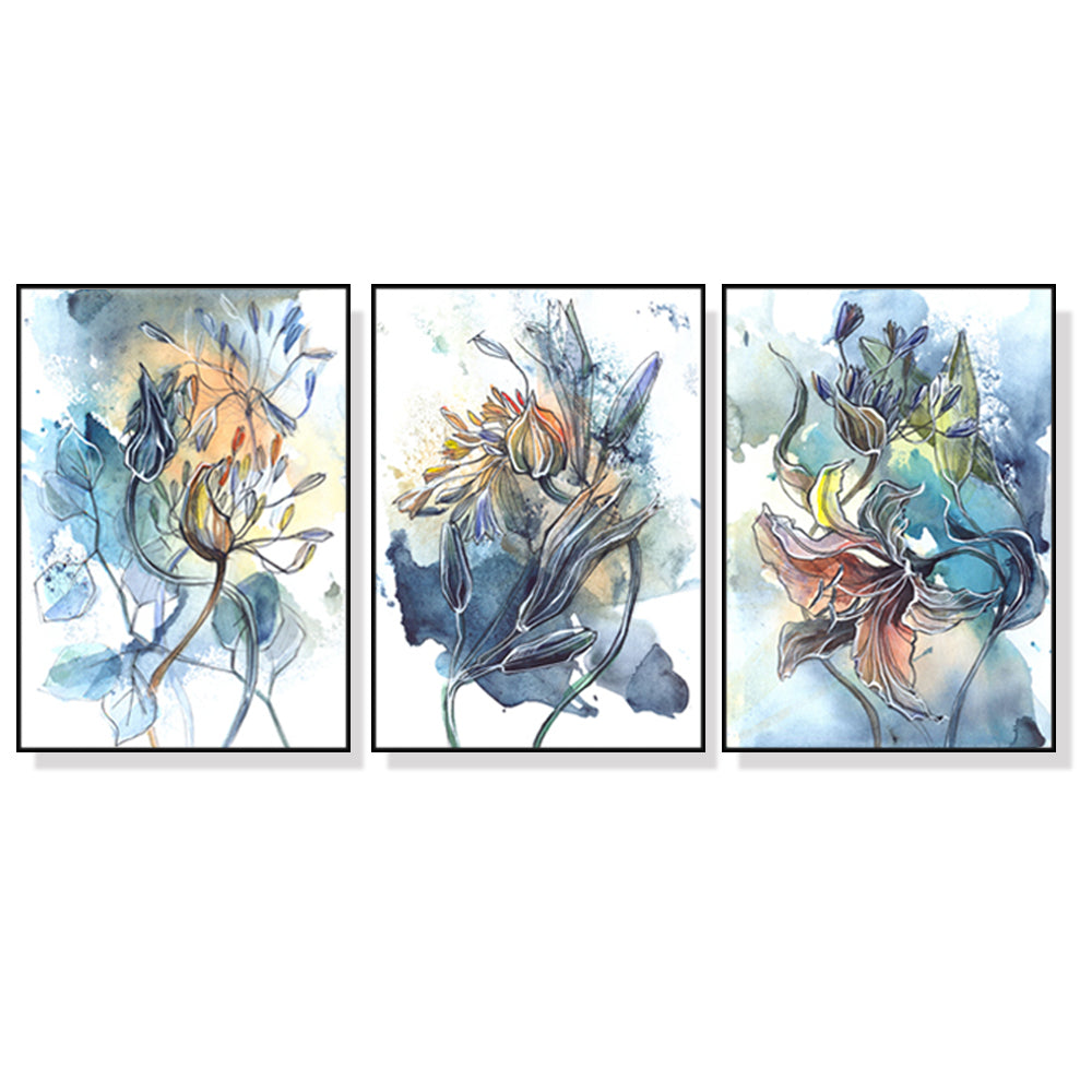 Three sets of 40cmx60cm watercolor style abstract flower canvases framed in black, showcasing vibrant colors and elegant design.