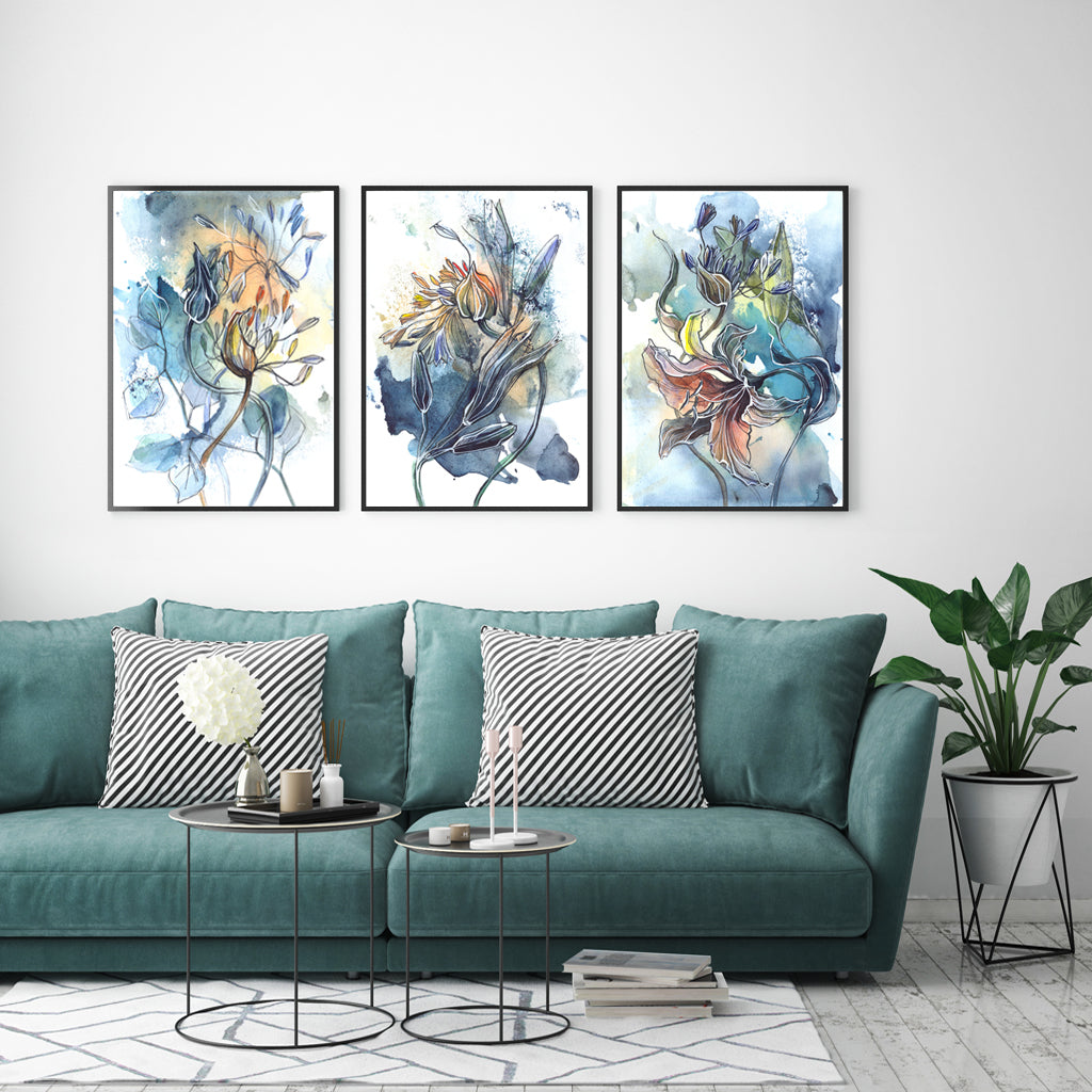 Three sets of 40cmx60cm watercolor style abstract flower canvases framed in black, showcasing vibrant colors and elegant design.