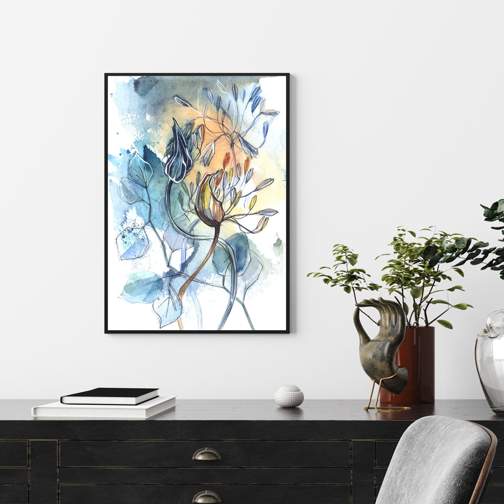 Three sets of 40cmx60cm watercolor style abstract flower canvases framed in black, showcasing vibrant colors and elegant design.