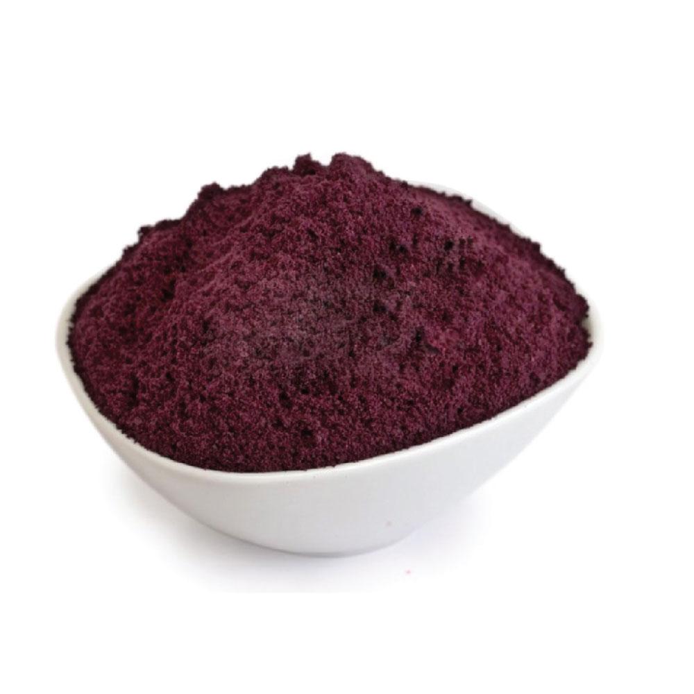 A 400g pouch of 100% organic Acai powder, showcasing its rich dark purple color and resealable packaging.