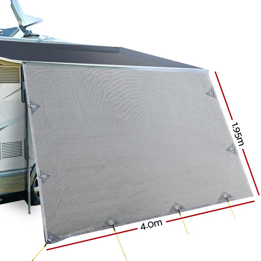 4.0M Caravan Privacy Screen attached to a roll-out awning, showcasing its grey water-repellent fabric and stainless steel D-rings.