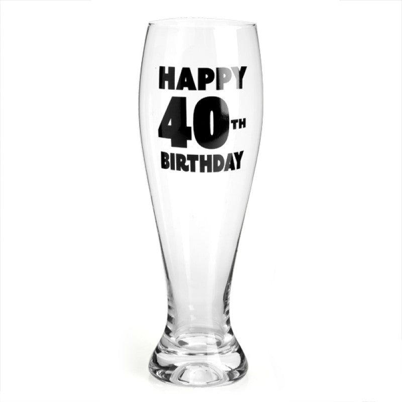 Hand-blown pilsner glass with 'Happy 40th Birthday' decal in bold black lettering.